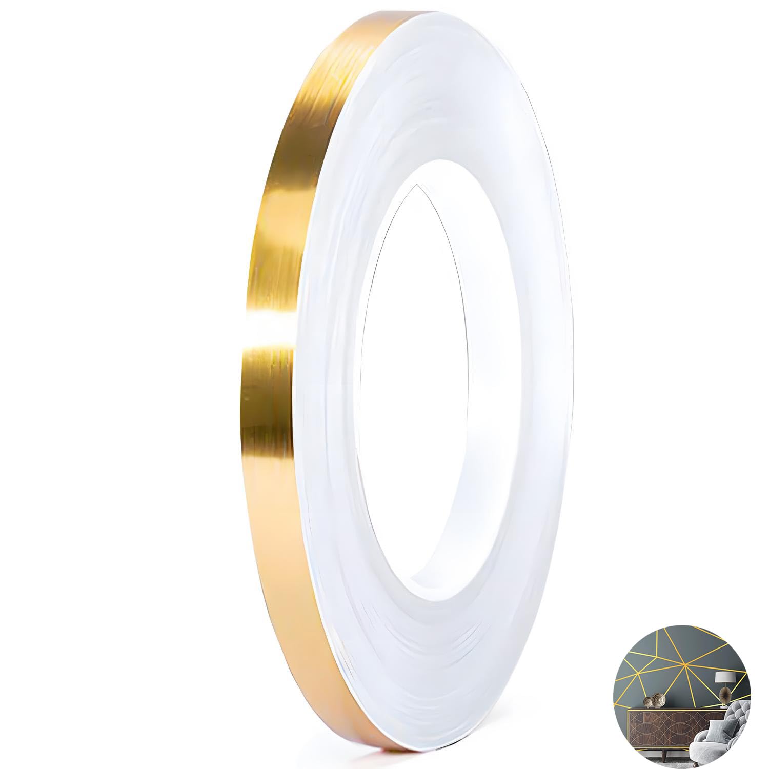 Aputue Metalized Tape, 1cm נ50m Graphic Art Tape with Vibrant Mirror-Like Finish, Waterproof Gap Sealing Foil Decor Tape for Wall, Kitchen, Peel and Stick Self-Adhesive Wall Molding Trim