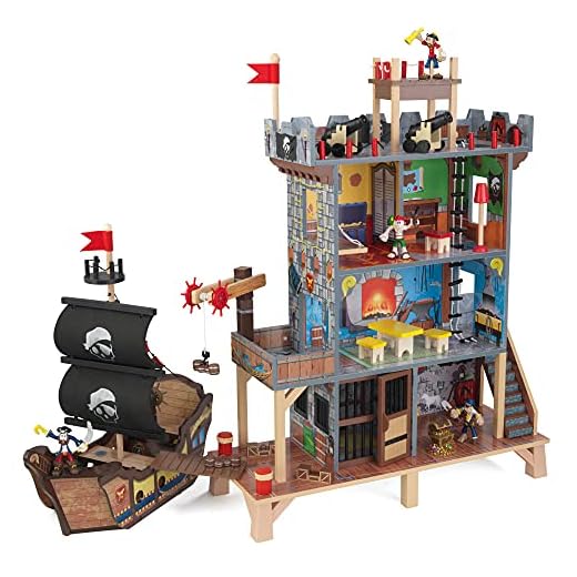 KidKraft Juego de Madera Pirate'S Cove con Barco Pirata y Figuras, Set con Tesoro Iluminado y cañones con Sonido y luz, Juguetes niños y niñas 3+ años (63284)