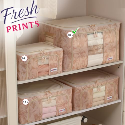 Image of HOKIPO 88L(XL) Wardrobe Organiser for Storage of Clothes, 600D Oxford Fabric Storage Box, Beige Botanica Pack of 1 (AR-6487-BGE)
