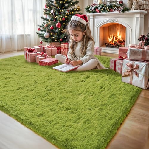 Green Rug for Bedroom, 3x5 Fluffy Area Rugs for Kids Playroom, Furry Carpet for Nursery Room, Shaggy Rug for Teen Living Room, Thick Fuzzy Plush Rug for Dorm, Cute Room Decor for Baby