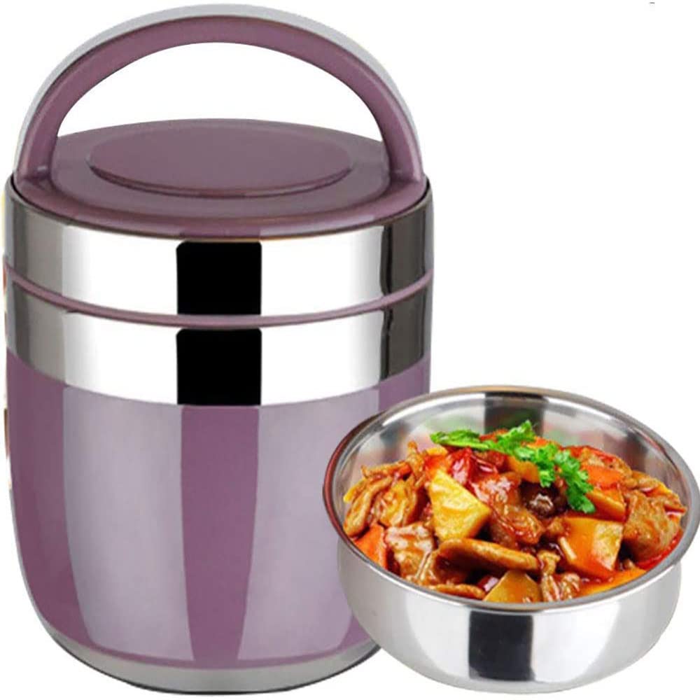 PLMKO Recipiente térmico para alimentos, recipiente térmico de acero inoxidable, fiambrera con asa, 2 capas, calidad alimentaria, fiambrera de gran capacidad (lila 1 2 L)