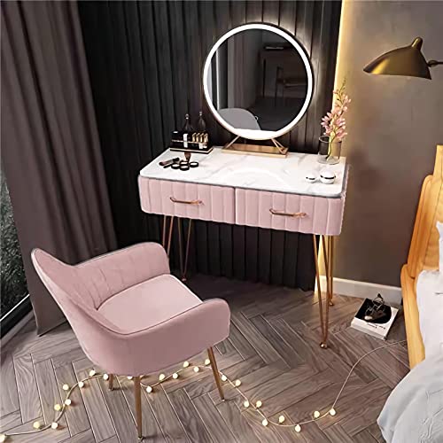 鏡台 ドレッサー お姫系 化粧台収納 ベロア椅子 北欧風 オシャレ LEDミラー 化粧テーブル 収納付き セット 108 (80cmデスク+ベロア椅子+LEDミラー（3点）, ピンク)