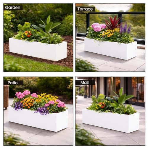 Image of Go Hooked Recta R White Planter Pot (21x8 Inch) | Big Size Outdoor & Indoor Pot for Plants | Modern Design Lightweight & Durable Rectangle Rectangle Polymer Flower Pot for Balcony, Terrace & Garden