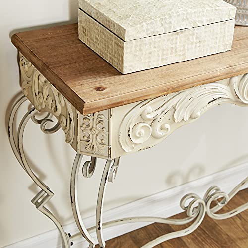 Deco 79 Metal Scroll Console Table With Brown Wood Top, 42" X 16" X 32", White #TOP3