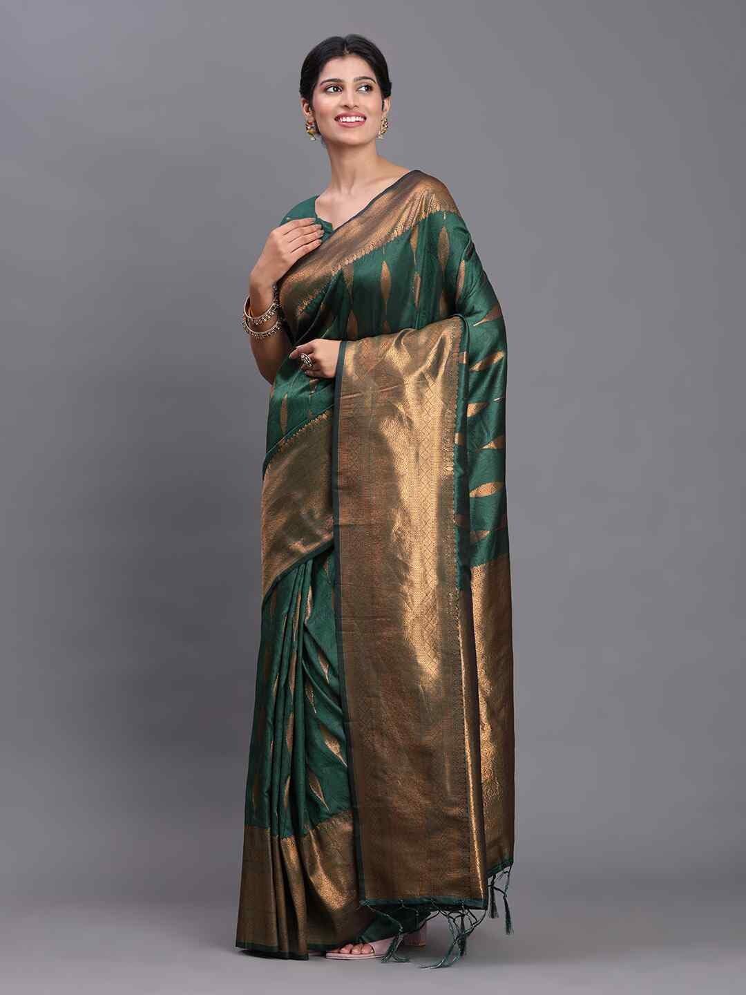 Shiv Textiles Women's Silk Woven & Tassel Saree(AUS-ASBNR2005-DARK GREEN) 1
