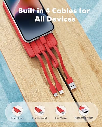 Image of charmast Portable Charger with Reinforced Built-in 4 Cables,10000mAh Power Bank Travel Essentials 6 Outputs 3 Inputs 3A Fast Charging Compatible with iPhone iPad Samsung Google Pixel LG Moto etc.
