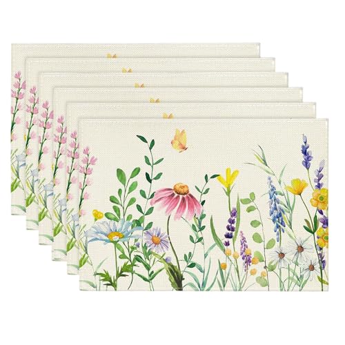 Linen Floral Placemats Set of 6 Rectangle Wild Flowers Table Mats Heat-Resistant Spring Summer Placemat Decoration Washable Non-slip Place Mats for Party Home Kitchen Table Decoration, 45x30CM (B)