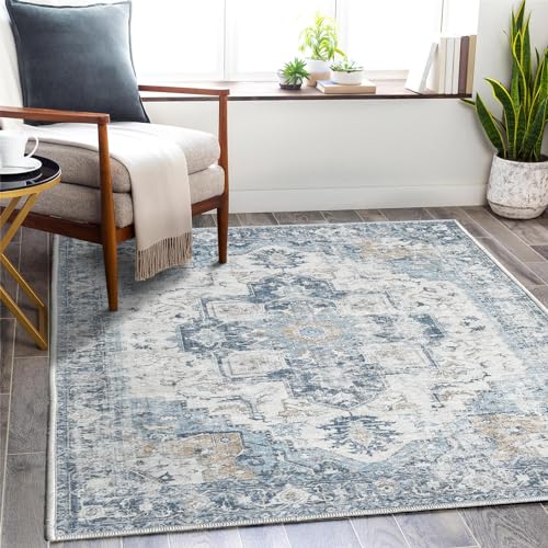 TOPICK Blau Teppich Floral Waschbar Superdünne Vintage Blumenteppich Kurzflor Läufer...