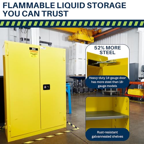 Image of Jamco 45 Gallon Flammable Safety Cabinet, Steel Flammable Storage Cabinet with Lockable Manual Closing Doors, Non Forkliftable, 43 inch x 18 inch x 65 inch, Yellow