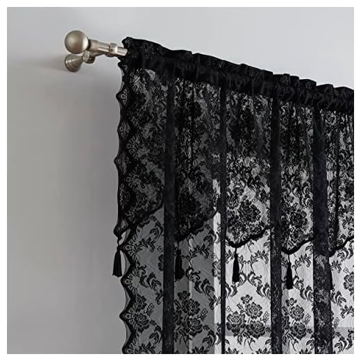 Warm Home Designs Pair of Black Lace Curtains with Attached Valance and 6 Tassels Per Panel. Sheer Black Curtains 84 Inches Long. Luxury Living Room Curtains or Dining Room Curtains. MC Black 84"