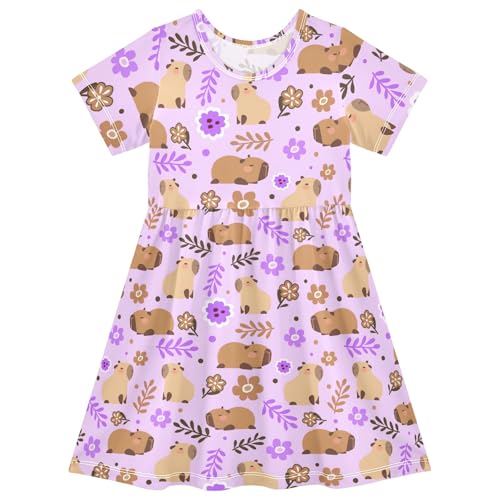 Cute Capybara Purple Flowers Summer Girls Short Sleeve Dress Casual Dresses Beach Sundress for 2-8 Years