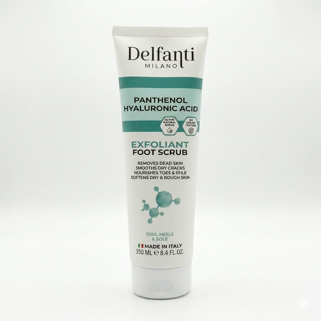 Delfanti Milano Panthenol Hyaluronic Acid Exfoliating Foot Scrub, Made in Italy, 8.4 fl oz, Creamy Foot Exfoliator with Perlite, Shea Butter, Aloe & Glycerin, for Rough Heels, Soles & Dry Feet