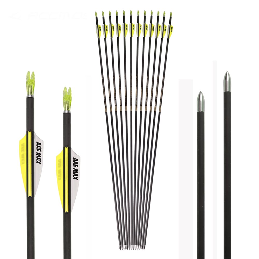 12 pz Flechas de Competición ID 4,2 mm Spine 300 400 500 600 700 800 900 1000 1100 1200 1300 1400 1500 Amarillo Blanco Ranuras de Aire Plumas Flecha, para Tiro con Arco