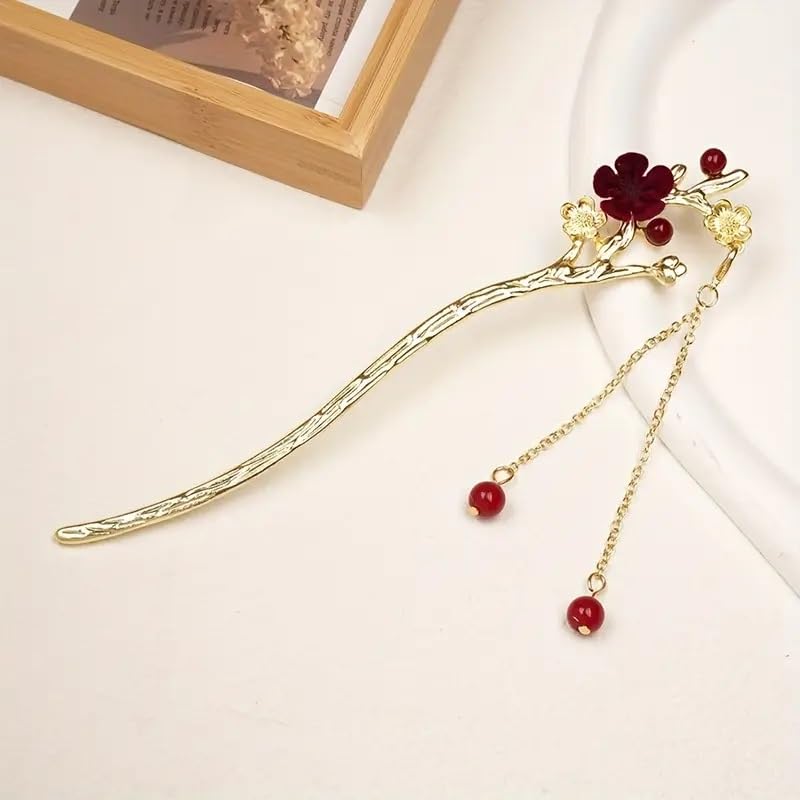 Image of HONEY ACCESSORIES-6pcs Rose Flower Hair stick Chinese Style Flocked Flowers Hair Sticks Metal Leaves Pearl Tassel Hairpin Pendant Hair Accessories for Women Girls