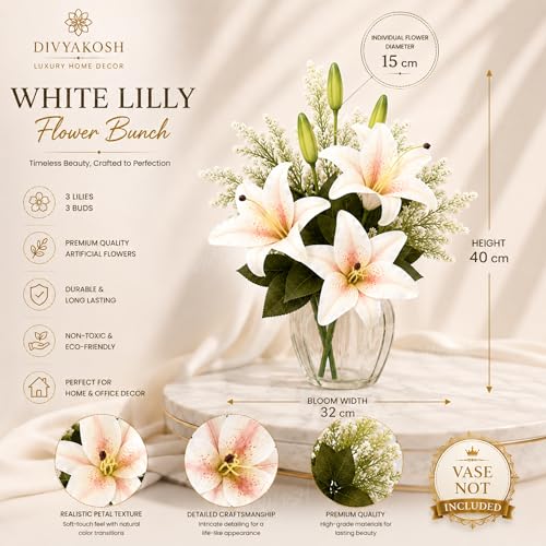 Image of Divyakosh Artificial Flowers Bunch (Vase Not Included). Artificial Flower for Vase Flower Bouquet Gift White Lily Arrangement for Living Room, Dining Table Office Decor