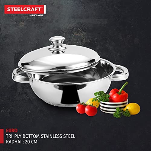Image of Steelcraft Premium Stainless Steel Euro kadai -20 cm, 920ml (Induction Friendly) Cook and Serve, for Multipurpose Cooking, Silver, Set of 1