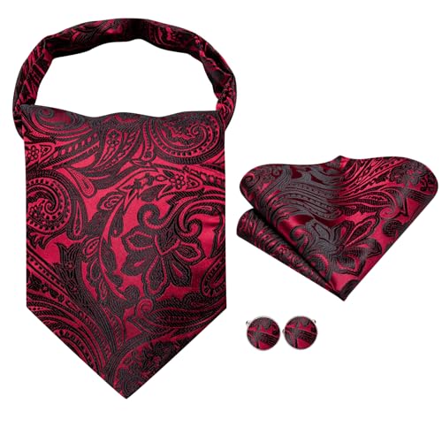 Image of Hi-Tie Silk Ascot for Men Self Tie Men's Cravat and Flower Lapel Pin Handkerchief Cufflinks Set for Wedding Party