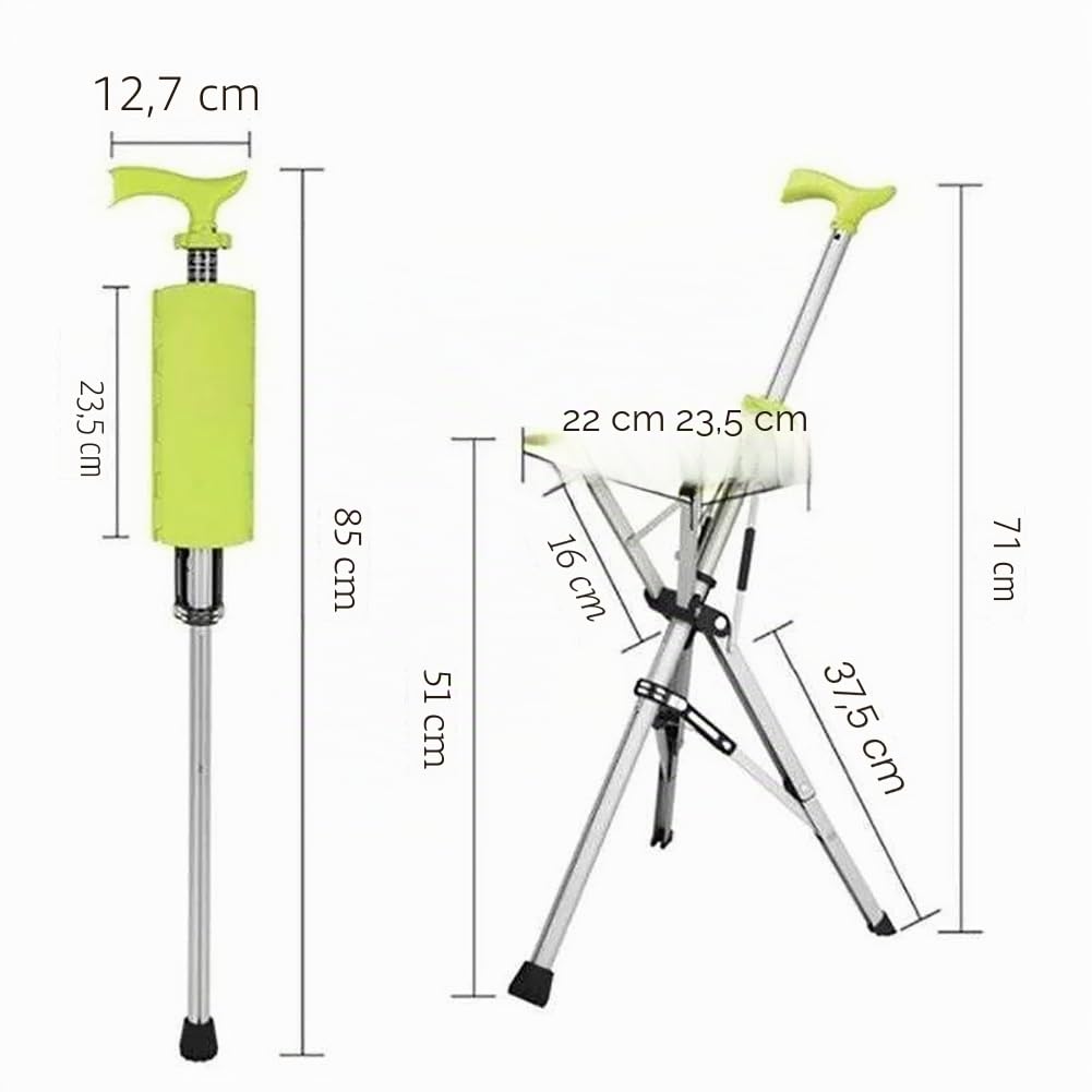 Bastone da passeggio pieghevole con sedile, sedia portatile con bastone da passeggio in lega di alluminio, sgabello treppiede leggero con funzione di sblocco automatico, sedia pieghevole antiscivolo (