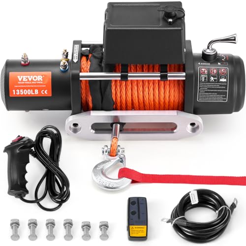 VEVOR Electric Winch, 13,500 lb, 12V DC Truck Winch with Φ3/8 in x 80 ft Synthetic Rope Aluminum Fairlead Wireless & Wired Remote Control, IP55 Waterproof for Towing Off-Road SUV Jeep Trailer Boat
