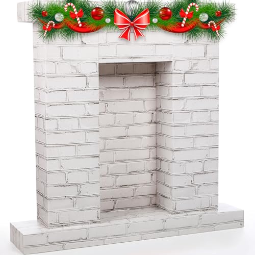 Fullhawl Christmas Corrugated Fireplace, 35.5 x 29 x 8 Inch Cardboard Fireplace Fake Fireplace Backdrop 3D Life Size Cardboard Cutout Standup for Christmas Party Background Decorations (White)
