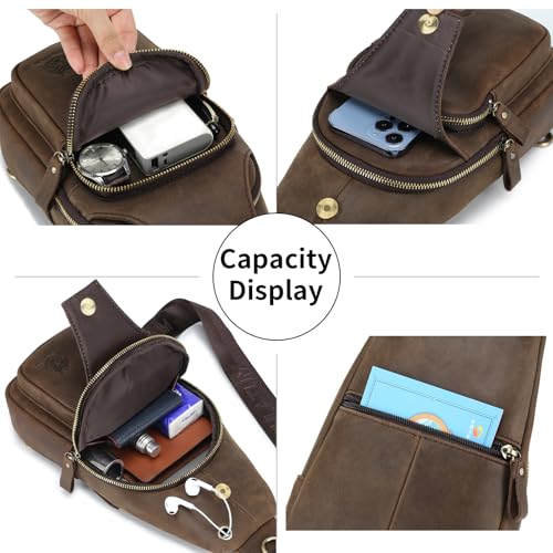 Image of Mens Sling Bag Genuine Leather Crossbody Bags for Men Small Sling Chest Backpack Casual Man Bag Hiking Outdoor, Coffee