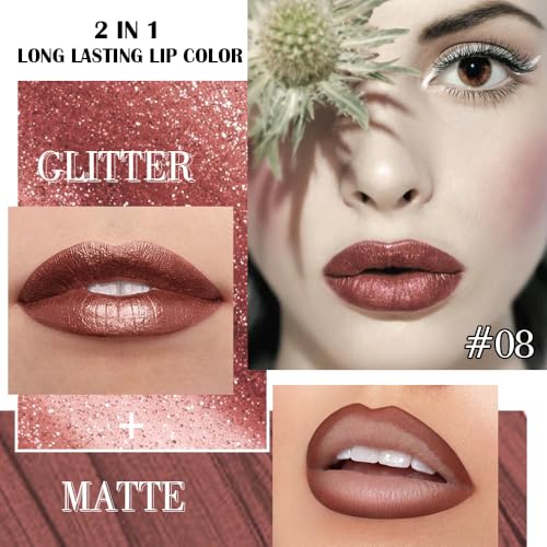 Image of evpct Brown Bronze Metallic Glitter Lip Liner and Lipstick Combo Lip Gloss Stain Set Makeup for Women Long Lasting Waterproof 24, Hot Chocolate Metallic Shimmer Frosted Iridescent Liquid Lipstick 08