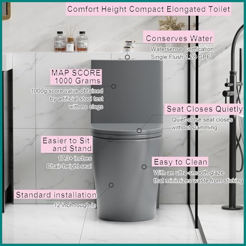 Inodoro moderno monobloque para baño de espacio pequeño, alargado, sifónico, descarga dual 1.1/1.6 GPF MAP 1000g, diseño silencioso, asiento suave con cierre lento, altura ADA 17", gris claro miniatura 3