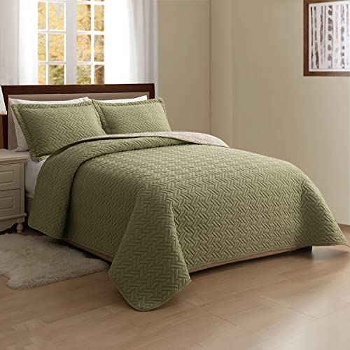 Elegant Comfort 3-Piece Quilted Reversible Bedspread Coverlet Set With Pillow Shams, Exquisite Majestic Stitching All Season Heavy Weight - Ultra Soft Premium Quilt- California King, Sage Cream #TOP5