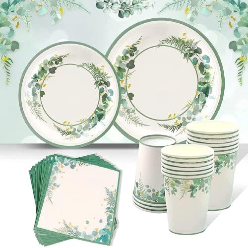 Sage Green Plates Jungle Safari Theme Party supplies - Greenery Paper Plates,Disposable Cups,Sage Floral Napkins for 24 Boho Party Supplies,Wedding Bridal Shower Baby Shower Birthday Party Decoration