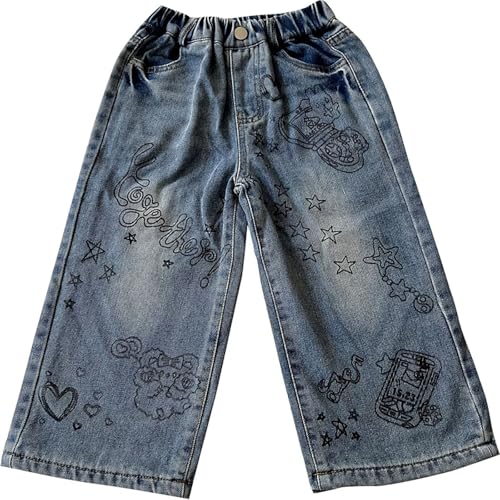 Girls Cute Wide Leg Jeans Kids Oversized Elastic Waist Denim Pants with Pockets Y2K Skater Streetwear 3-14 Years2