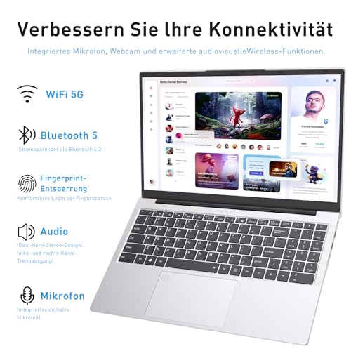 Auusda Laptop 15,6 Zoll Notebook, 32GB DDR4 RAM 1TB SSD, 3050E Prozessor, Fingerabdrucksensor, beleuchtete Tastatur, Ziffernblock, Privacy-Kameraabdeckung, leichtes Notebook für Schule & Büro 6