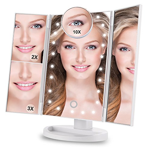 Makeup Vanity Mirror with 22 LED Lights Yougai Tri-Fold 2X 3X Magnification, Detachable 10X Magnifying Mirror, 180°Adjustable Rotation, Dual Power Supply, Touch Screen Professional Makeup Mirrors