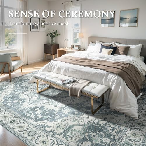 Deerly Large Washable Living Room Rugs 9x12 Boho Vintage Area Rug Indoor Bedroom Carpet with Non Slip Rubber Backing for Under Dining Table Office Farmhouse, Canal Blue/Multi