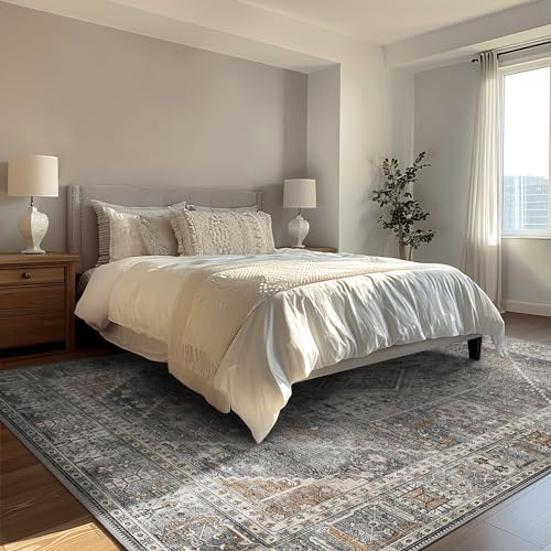 GENIMO 8x10 Area Rug for Living Room, Non Slip Machine Washable Low Pile Large Rug, Indoor Vintage Lightweight for Bedroom, Dining Room & Home Office, Light Gray