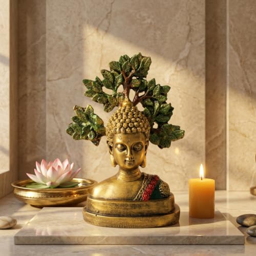 Image of ZAICUS Buddha Head with Bodhi Tree Showpiece for Home & Office Decor | Decorative Figurine for Home Styling, Office Desk Accessories, Yoga Space, Prayer Corner & Shelf Decoration
