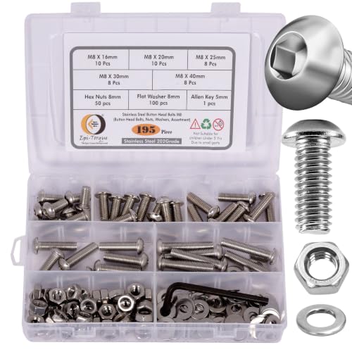 Image of Metric M8 Stainless Steel 202 Grade Button Head Allen Bolt Hex Socket Screws Nuts & Washers Assortment Kit with Allen Keys & Storage Box - 195 Pieces