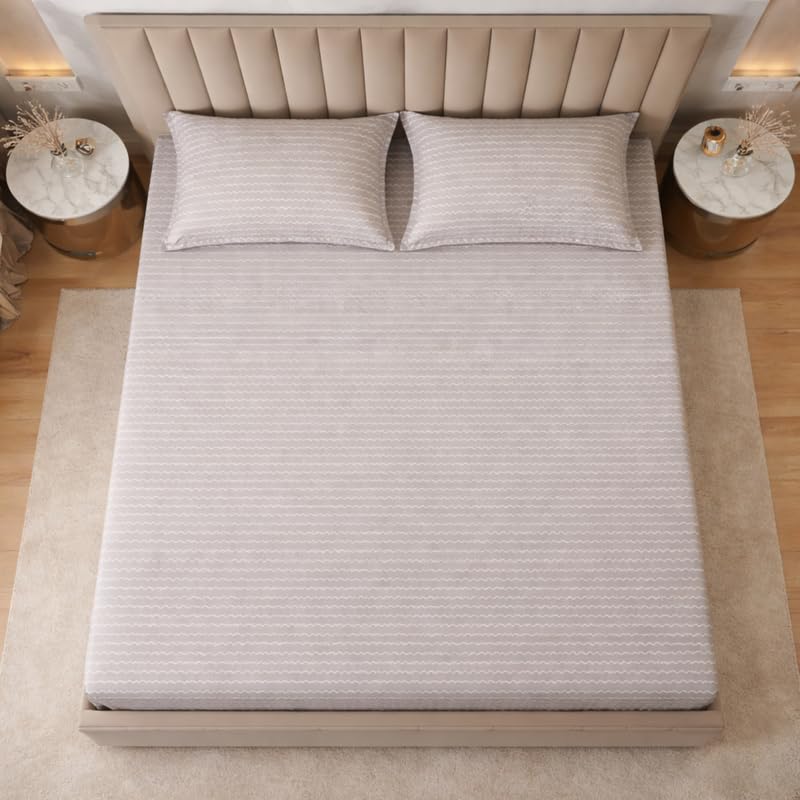 Image of THEA Elastic Fitted Double Bedsheet Set| 100% Cotton Like Soft Fabric | Double Bedsheet for Double Bed (72 X 78 x 6 inches) with 2 Pillow covers,Silver Ripple