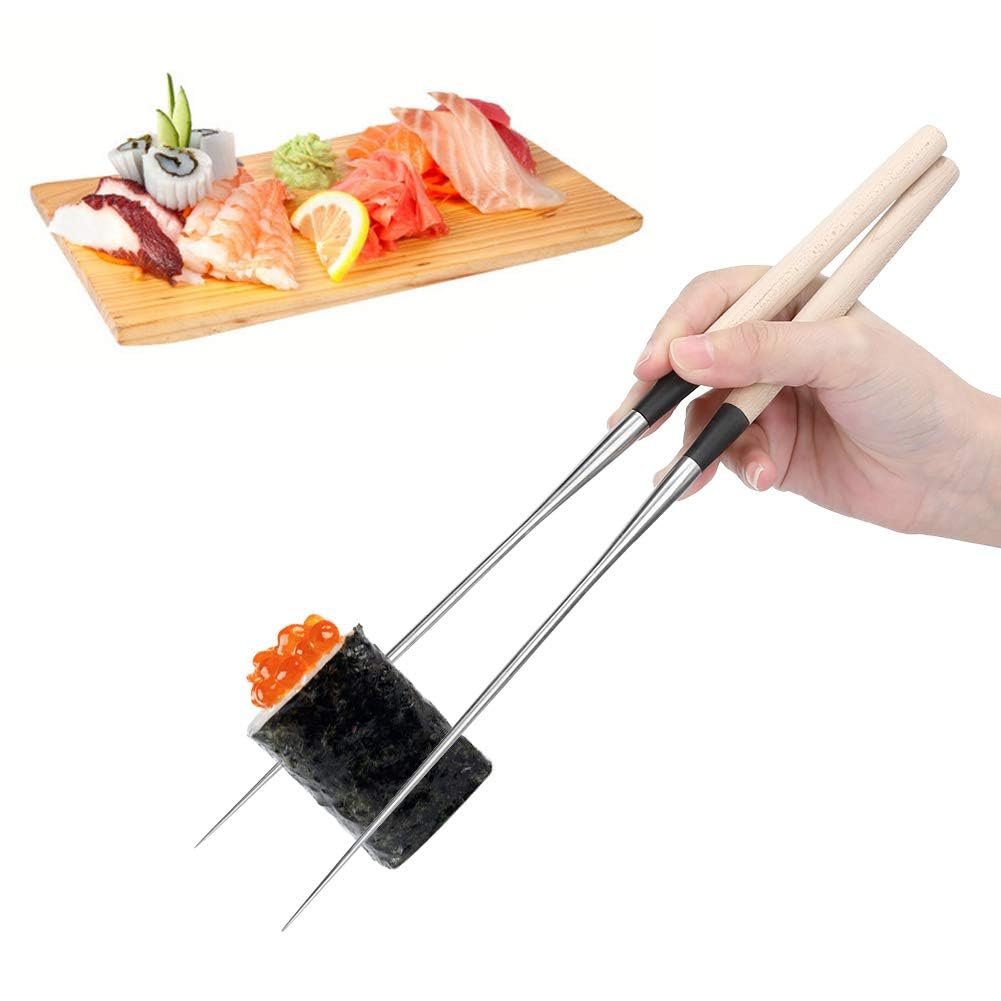 Extra Long Stainless Steel Chopsticks 12.4 Inch, Precision Kitchen Chopsticks Reusable Sushi Tweezers with Non Slip Wooden Handle for Hot Pot Cooking Frying Noodles(L)
