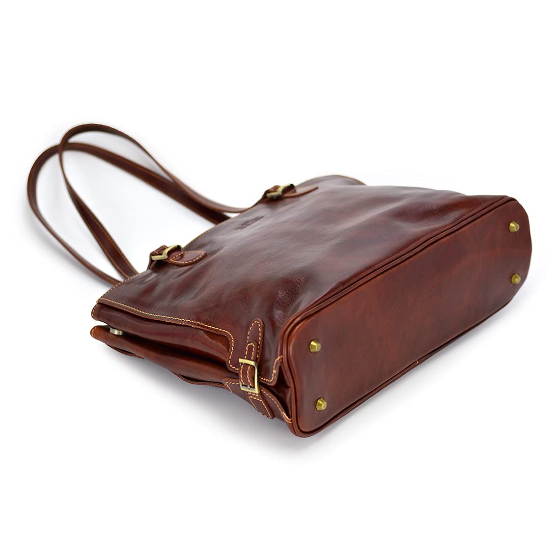 TMC LEATHER DIAMONDS Skórzana shopper Florence 14, brązowa, dwukomorowa, 40x12x28cm, złote okucia, skóra licowa, damska, naturalna