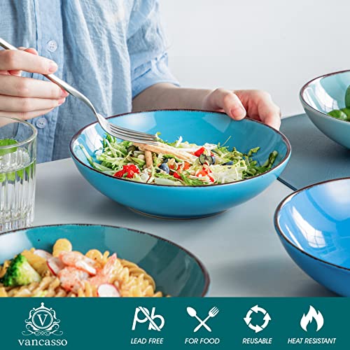 vancasso Navia Oceano Pasta Bowl Soup Bowl Set 8in Ceramic Soup Plate, Stoneware Vintage Look Blue Dinnerware Tableware, 900 ml Ramen Noodle Bowl Set of 4 - Image 4