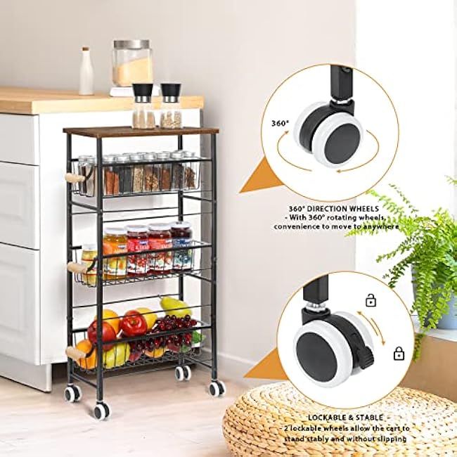 4-Tier Slim Storage Cart, Kitchen Rolling Utility Cart Bathroom Organizer Laundry Room Organization Mobile Shelving Unit with Slide-Out Metal Wire Baskets, Wooden Tabletop & Wheels for Narrow Space-gQJA0rcj