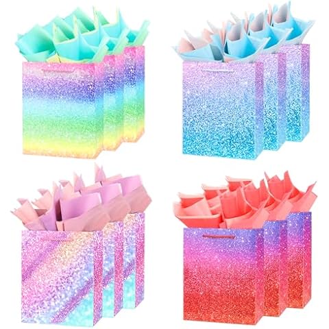 12Pcs Rainbow Glitter Gift Bags with Tissue Cover