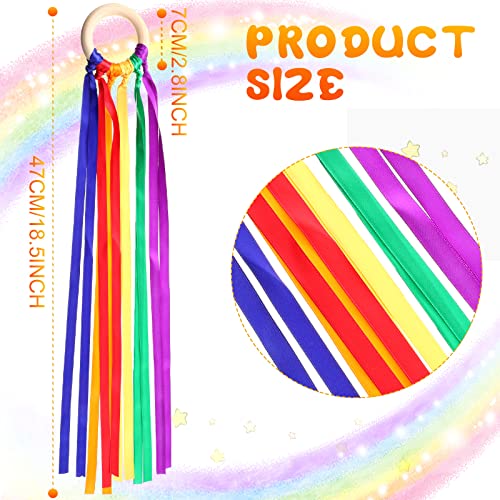 Image of Junkin Ribbon Rings Hand Kite Waldorf Toys Dancing Wrist Ribbons Rainbow Streamers with Wood Ring Educational Toy for Playroom Dancing Birthday Party Gift(Rainbow,48 Pcs)