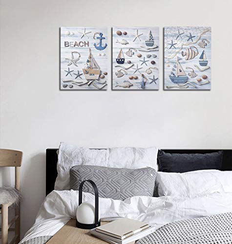 Beach Elements Wall Art Sea Star Fish Sailboat Anchor Starfish Shell Canvas Pictures Contemporary Minimalism Abstract Canvas Print Artwork for Bedroom Bathroom Living Room Wall Decor 12" x 16" x 3 Pieces - Image 2