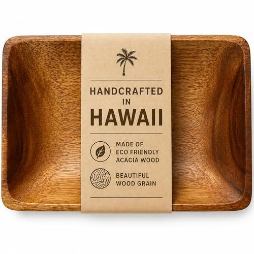 Handcrafted Acacia Wood Rectangular Bowl Made in Hawaii Eco-Friendly Wooden Serving Dish Durable Food-Safe Heat-Resistant Flared Design Multiple Sizes (8x5x1.5 inch)
