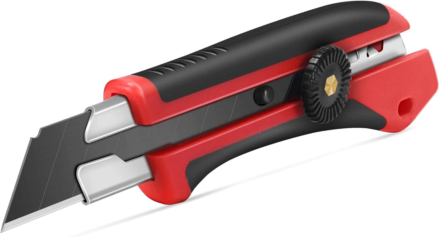 HAUTMEC25mm Extra Heavy-Duty Utility Knife, Multi-Purpose Snap-off Box Cutter, Ratchet-lock Mechanism, Reinforced Fiberglass Handle HT0250-KN