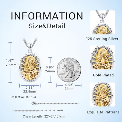 St Joseph Medal Necklace for Men Women San Jose 925 Sterling Silver 18K Gold Plated Patron Saint Joseph Catholic Amulet Pendant Religion Protection Jewelry Father's Day Graduation Gifts2