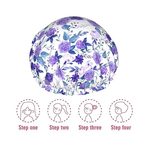 Image of Violet Purple Rose Shower Cap For Women Adjustable Double Waterproof Layers Bathing Shower Hat Hair Protection Reusable Ladies Spa Salon Shower Hat