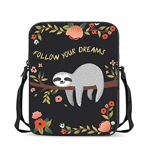 chaqlin Follow your Dream Print Messenger Schulter Totebags für Damen Casual Sport Reise Mini Umhängetaschen Kinder Schulanfang Geschenke mit süßem Faultier Design,Schwarz Cover