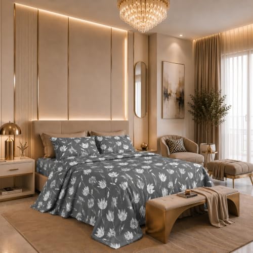 Image of Jaipur Weaves Cotton King Size Bedsheet 108x108 Super King, 100% Pure Cotton Bed Sheet with 2 Pillow Covers, 300 TC Soft Breathable Floral Design Bedding (Grey Tulips, Super King)